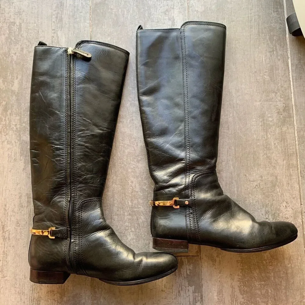 $530 Tory Burch Black Classic Designer Jess Leather Riding Tall Boots Fall 8